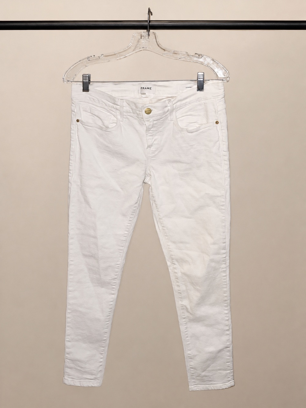 Frame Denim White Skinny Jeans with Gold Hardware